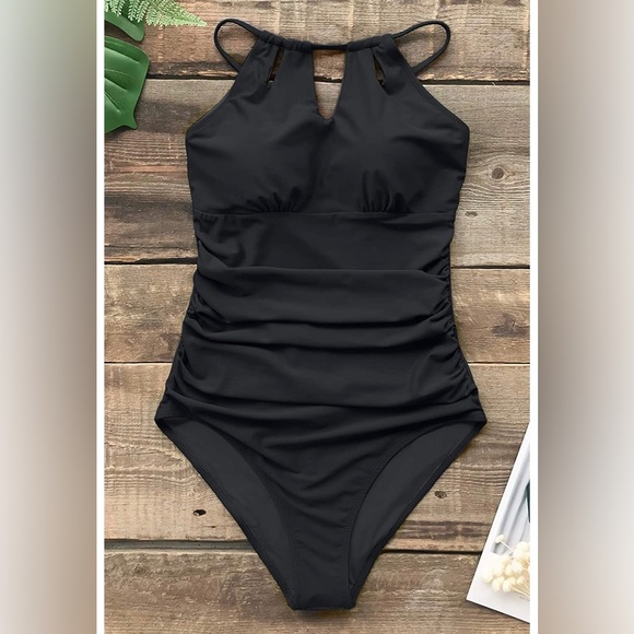 Black One Piece Swimsuit High Neck Tummy Control Swimwear Bathing Suit SIZE M - Picture 3 of 6